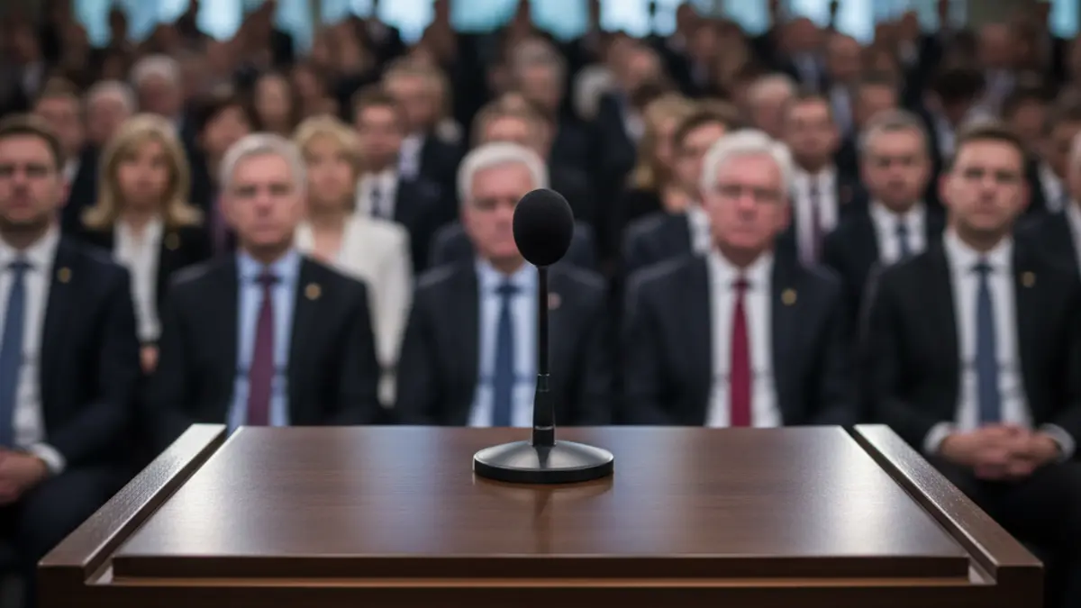 Imagen genérica de un micrófono en un atril durante una rueda de prensa.