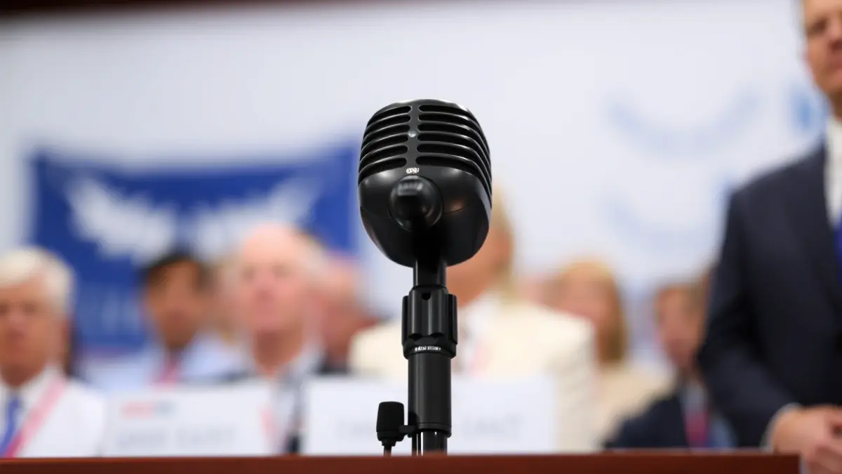 Generic image of a microphone on a podium, symbolizing a political debate or official statement.
