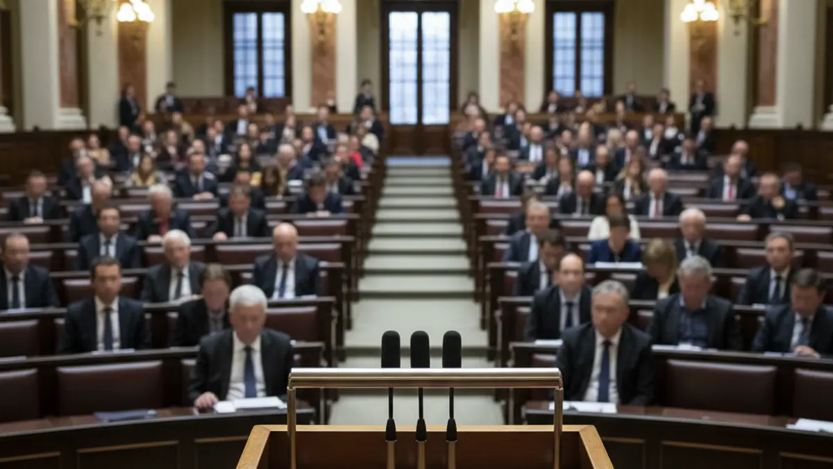 Imagen genérica de un micrófono en un podio en un entorno parlamentario, simbolizando el debate político.