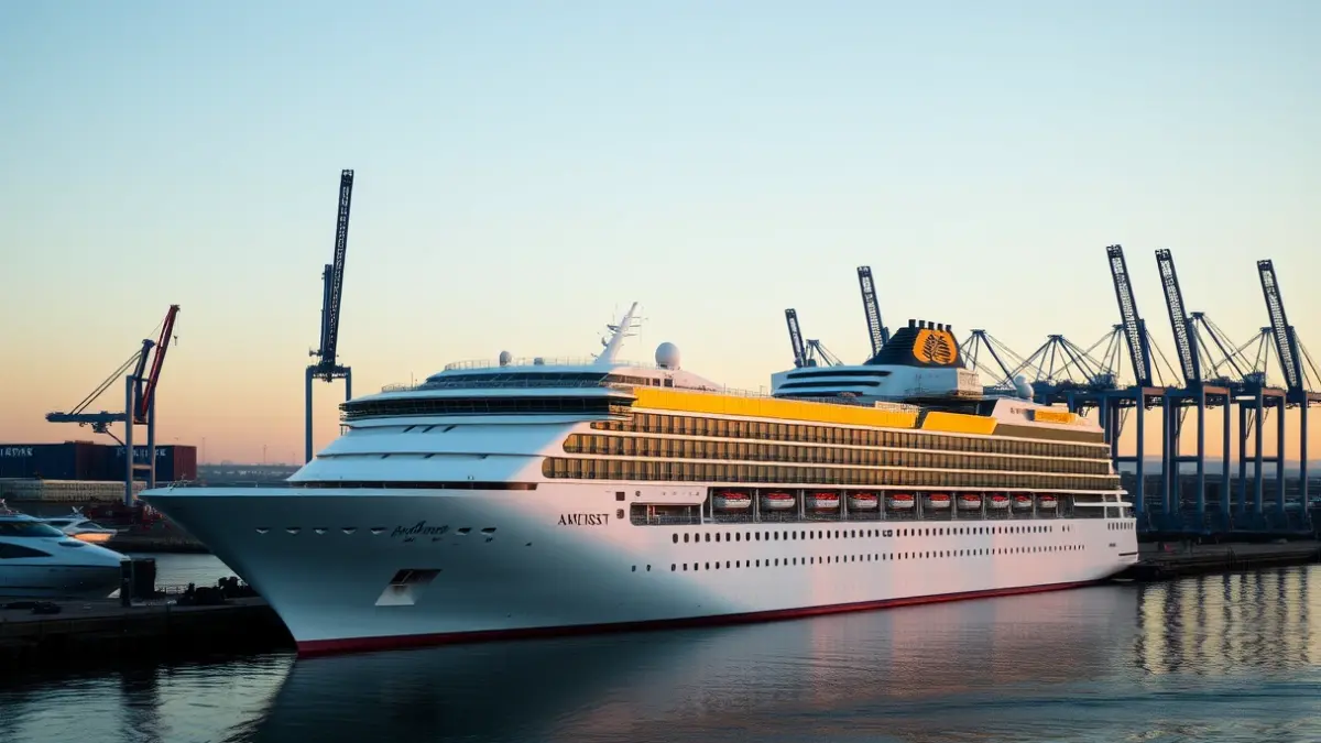 Image of a cruise ship docked at Granadilla de Abona port at dawn.