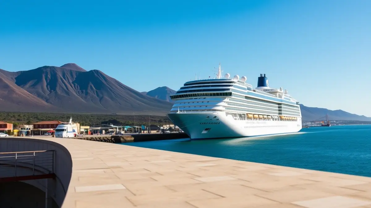 Imagen de un crucero atracado en un puerto de las Islas Canarias, con el paisaje volcánico de fondo.