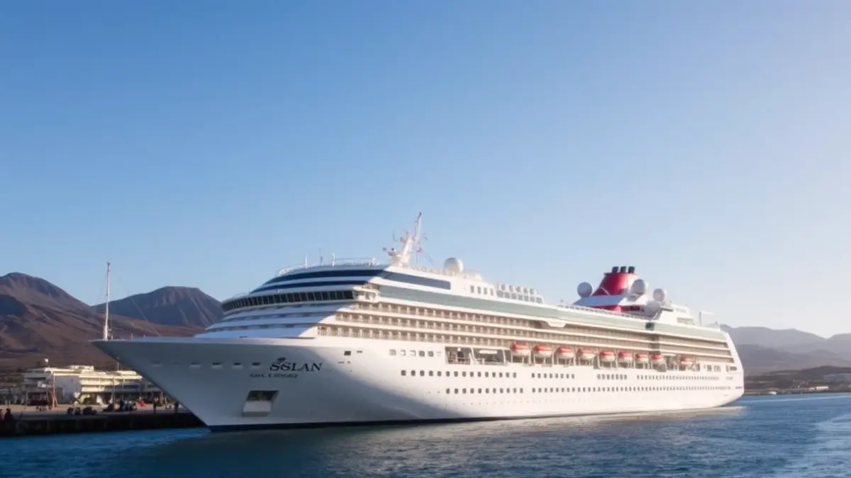 Image of a luxury cruise ship docked at Granadilla port, Tenerife.