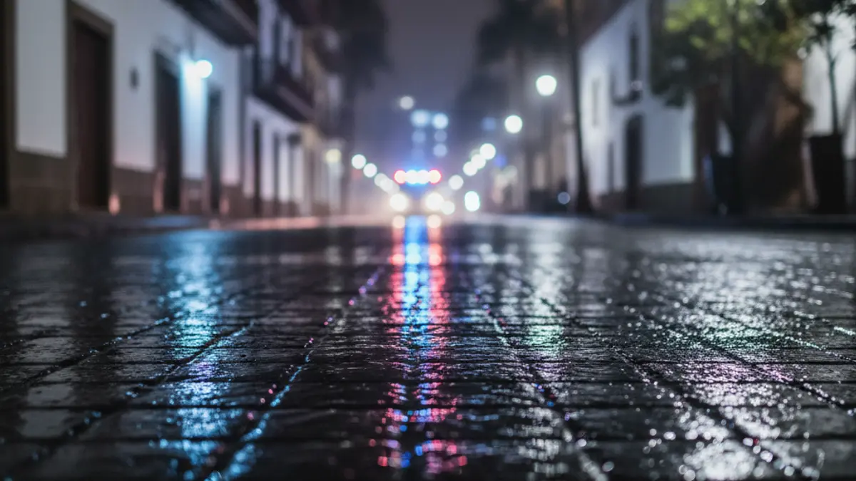 Imagen genérica de luces de emergencia policiales reflejadas en el asfalto mojado.