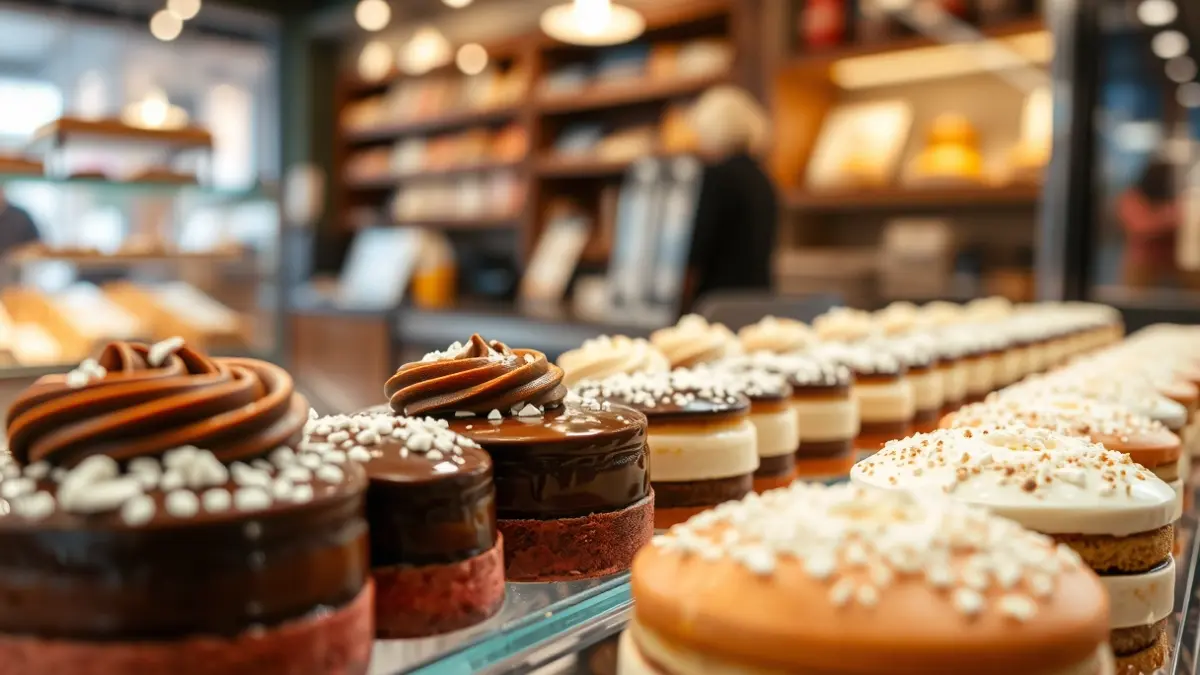 Imagen genérica de pasteles y bollería fina en una vitrina de panadería.