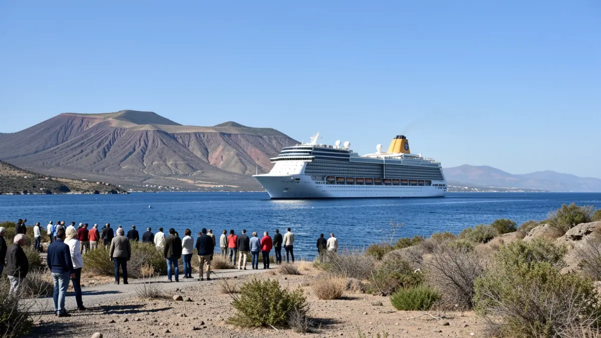 Imagen genérica de un crucero anclado cerca de la costa de Canarias con montañas volcánicas.