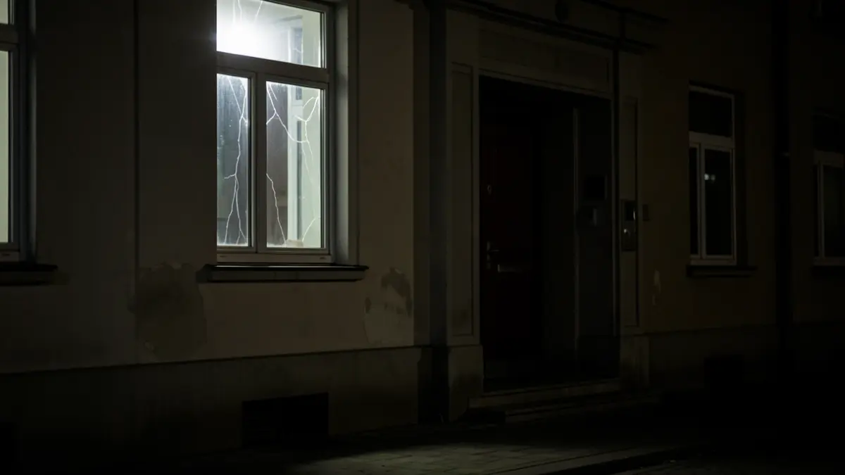 Imagen genérica de la fachada de un edificio residencial con una ventana iluminada de forma inquietante por la noche.