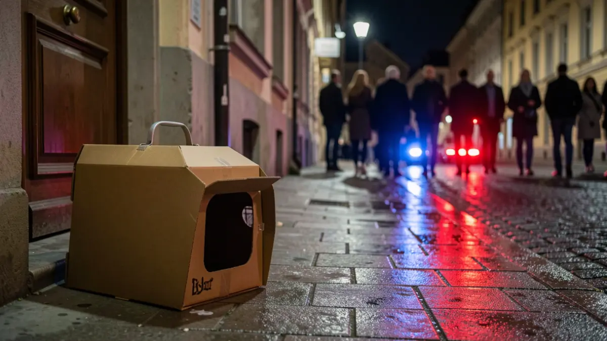 Imagen genérica de un transportín de gatos abandonado en una puerta por la noche, con luces de emergencia.