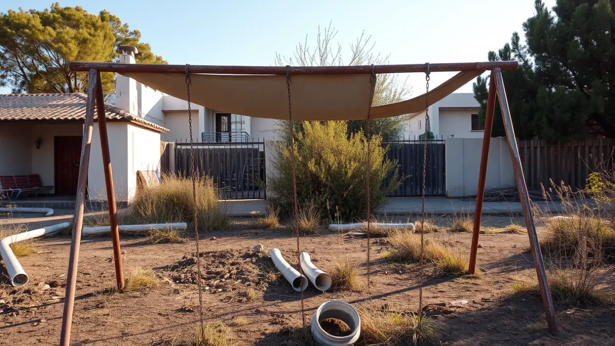 Imagen de un parque infantil en estado de abandono con elementos de construcción.