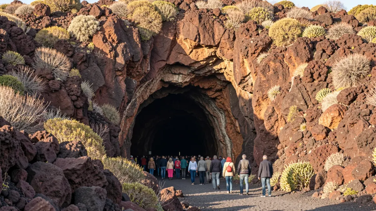 Entrada de una cueva en un entorno volcánico de Tenerife.