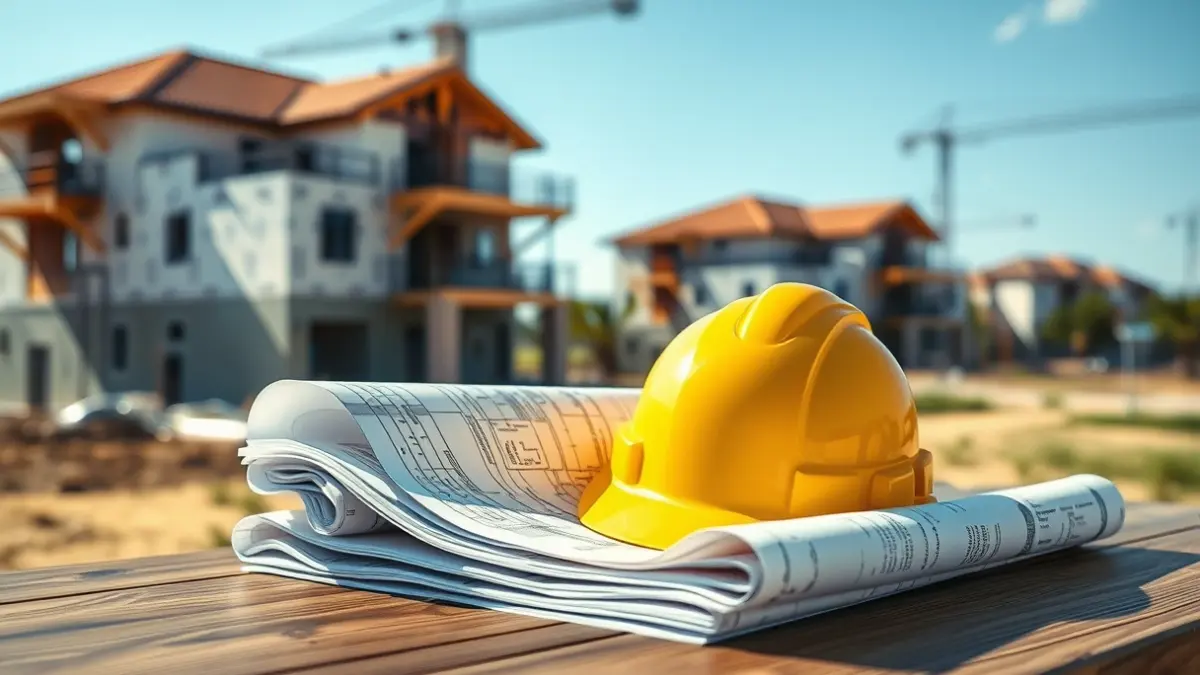 Planos de construcción y casco de obra sobre una mesa, con un edificio en construcción al fondo.