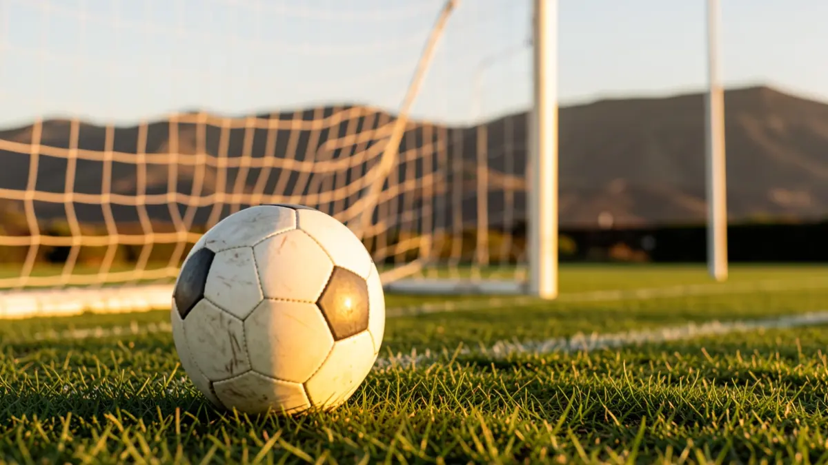 Imagen genérica de un balón de fútbol sobre césped con la red de portería desenfocada.