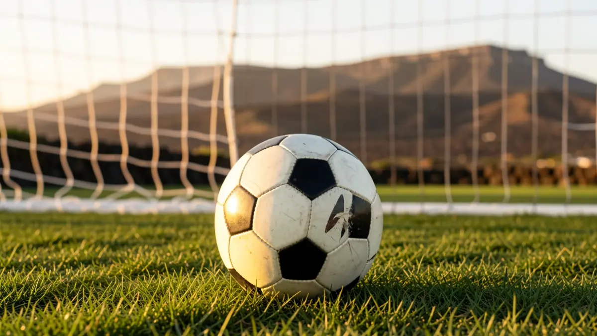 Imagen genérica de un balón de fútbol sobre césped con la red de portería desenfocada.