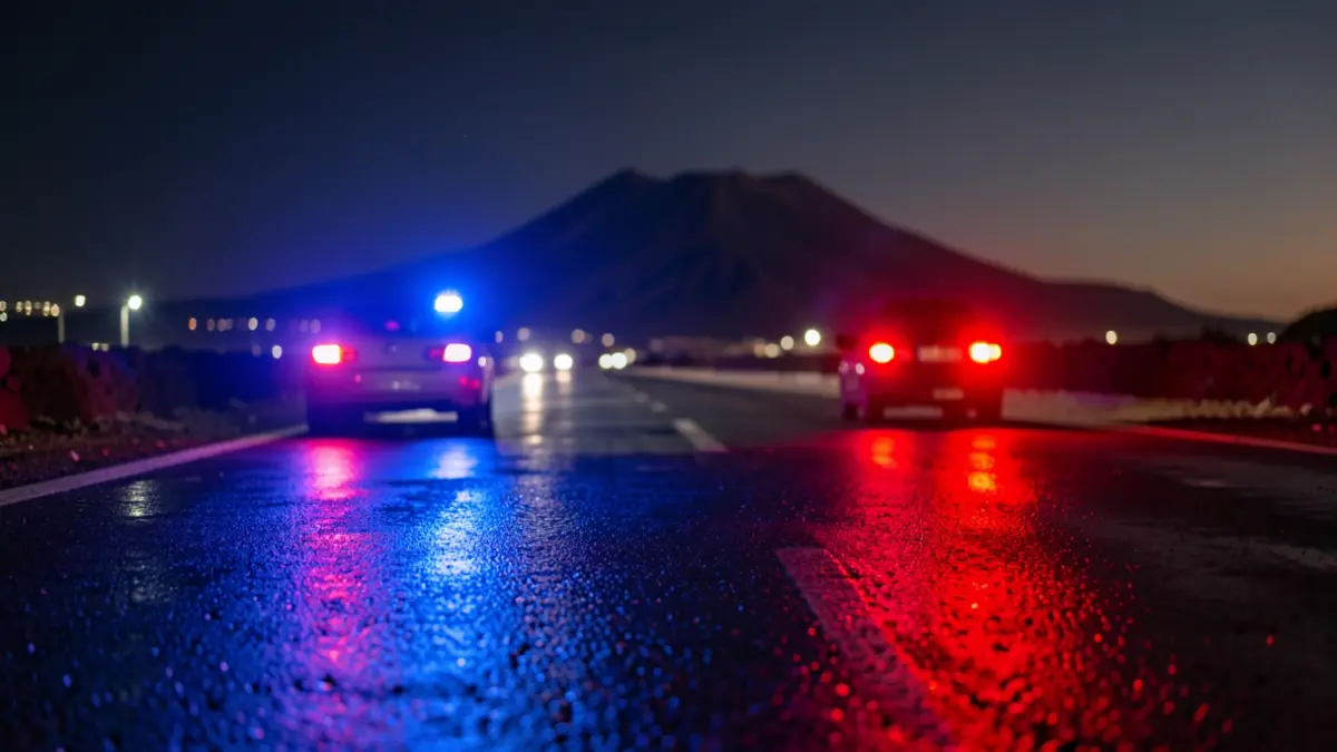 Imagen genérica de luces de emergencia policiales reflejándose en el asfalto mojado por la noche.