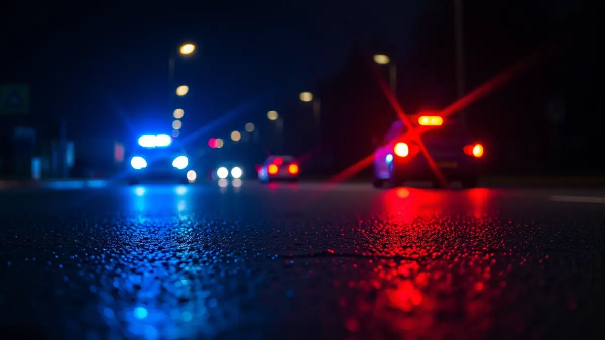 Generic image of police emergency lights reflecting on wet asphalt.