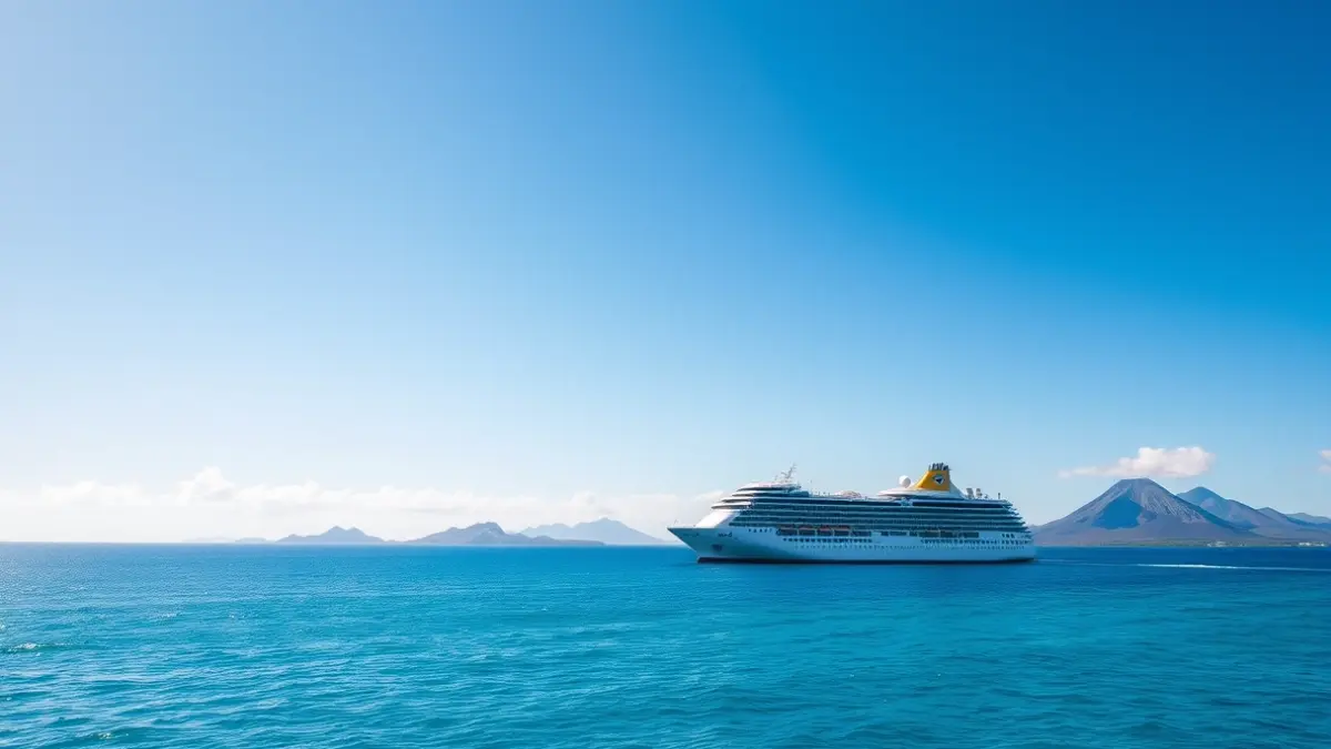 Imagen de un crucero anclado en aguas tranquilas cerca de una costa volcánica, bajo un cielo despejado.