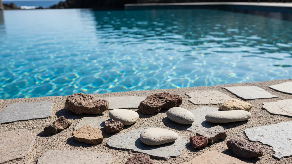 Image of a pool area under repair with loose tiles and concrete.