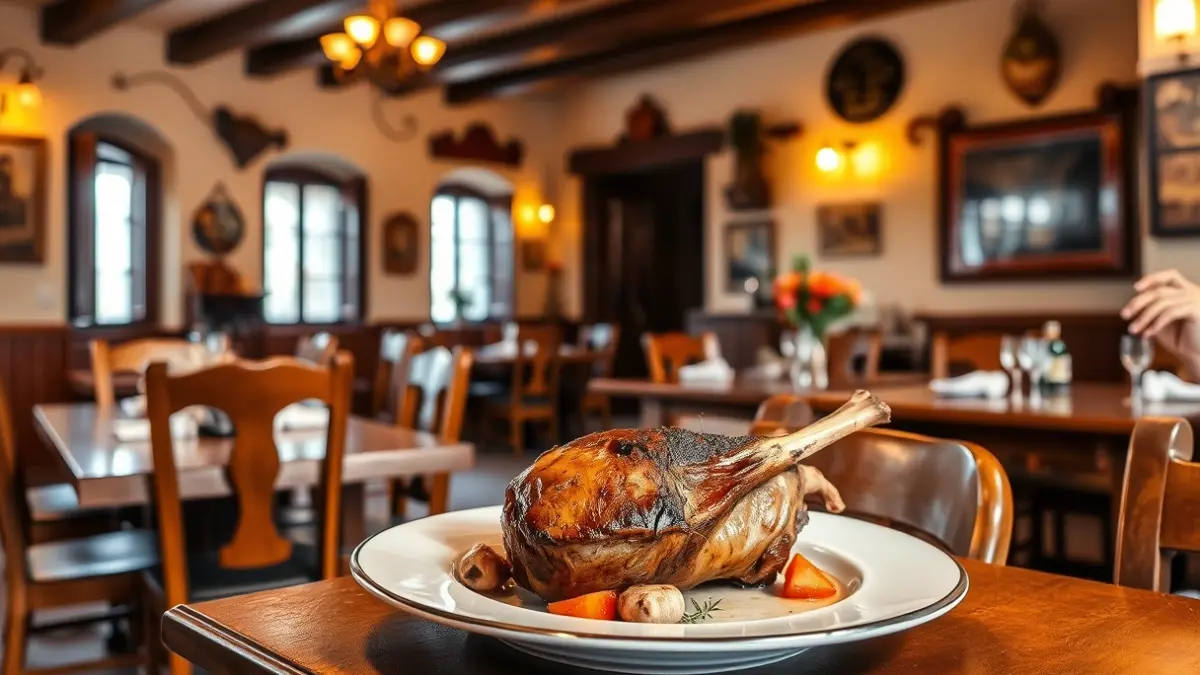 Image of a roasted lamb dish in a traditional restaurant.