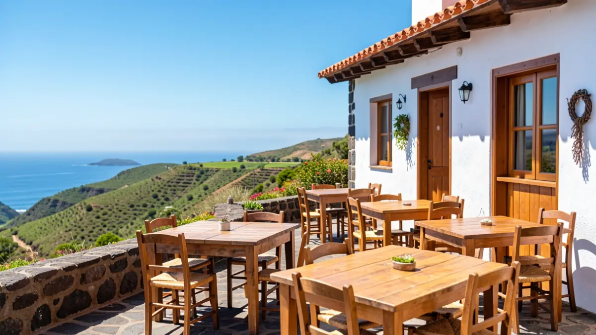 Facade of a traditional Guachinche in Tenerife with views of the valley and the sea.