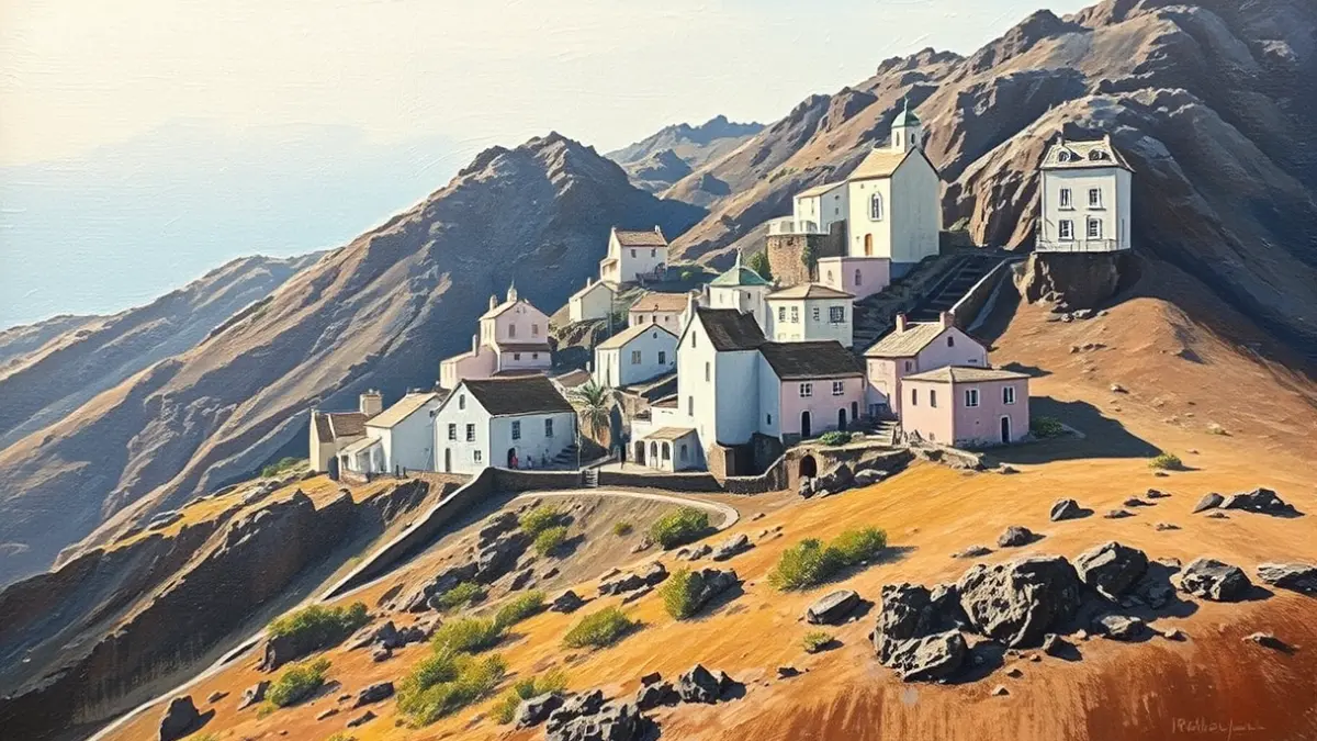 Oil painting of a cliffside with colorful houses in a Canary Islands landscape, with dawn light.