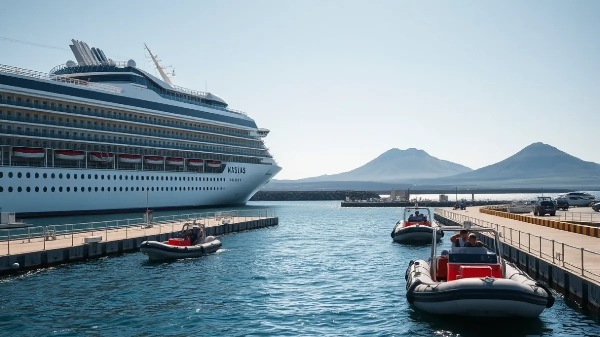 Image of a cruise ship anchored in a port, with Zodiac boats approaching an isolated dock.