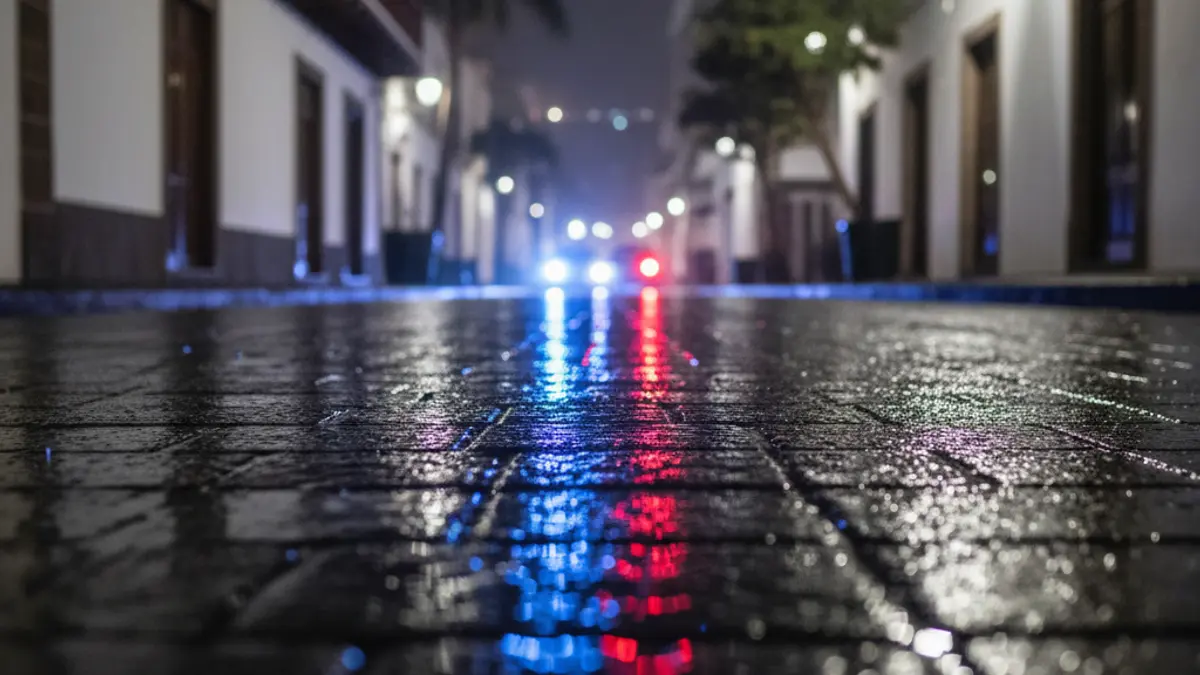 Imagen genérica de luces de emergencia policiales reflejadas en el asfalto mojado.