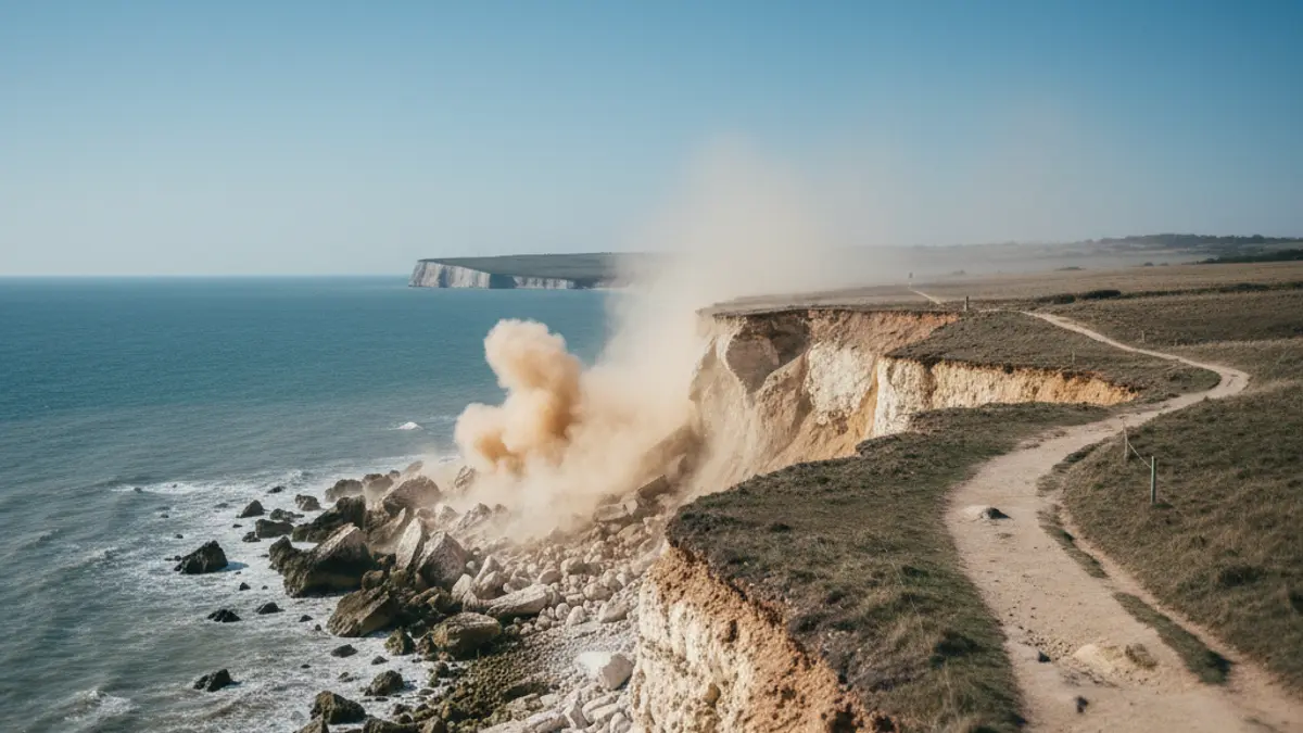 Imagen de un desprendimiento de tierra en un risco costero, con rocas y polvo cayendo hacia el mar.