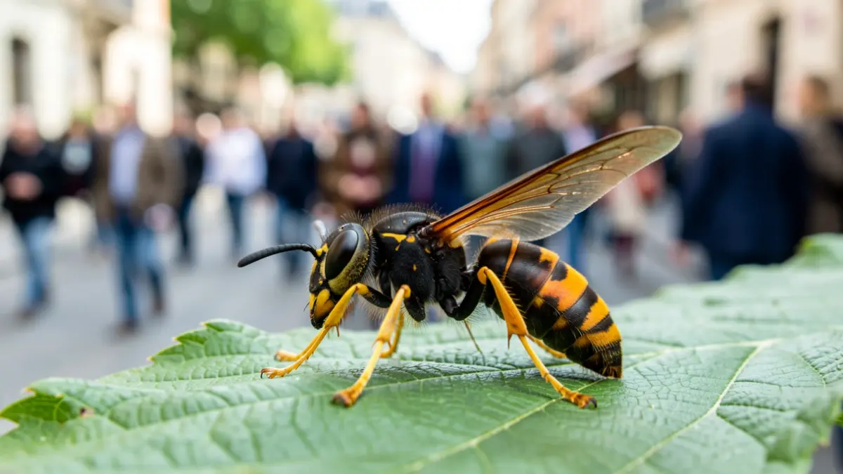 Primer plano de una avispa asiática (Vespa velutina) con detalles de su cuerpo oscuro, patas amarillas y banda anaranjada.