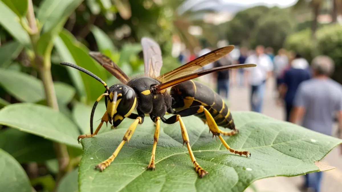 Primer plano de una avispa asiática con cuerpo oscuro y patas amarillas sobre una hoja verde.