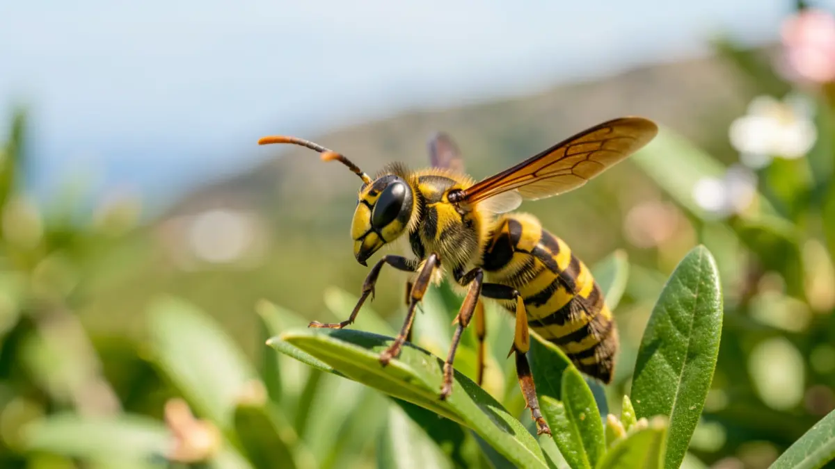 Primer plano de un avispón asiático (Vespa velutina) sobre un fondo desenfocado de vegetación.
