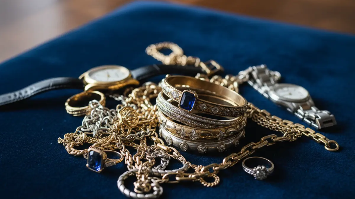 Generic image of stolen jewelry, including chains, bracelets, and rings.