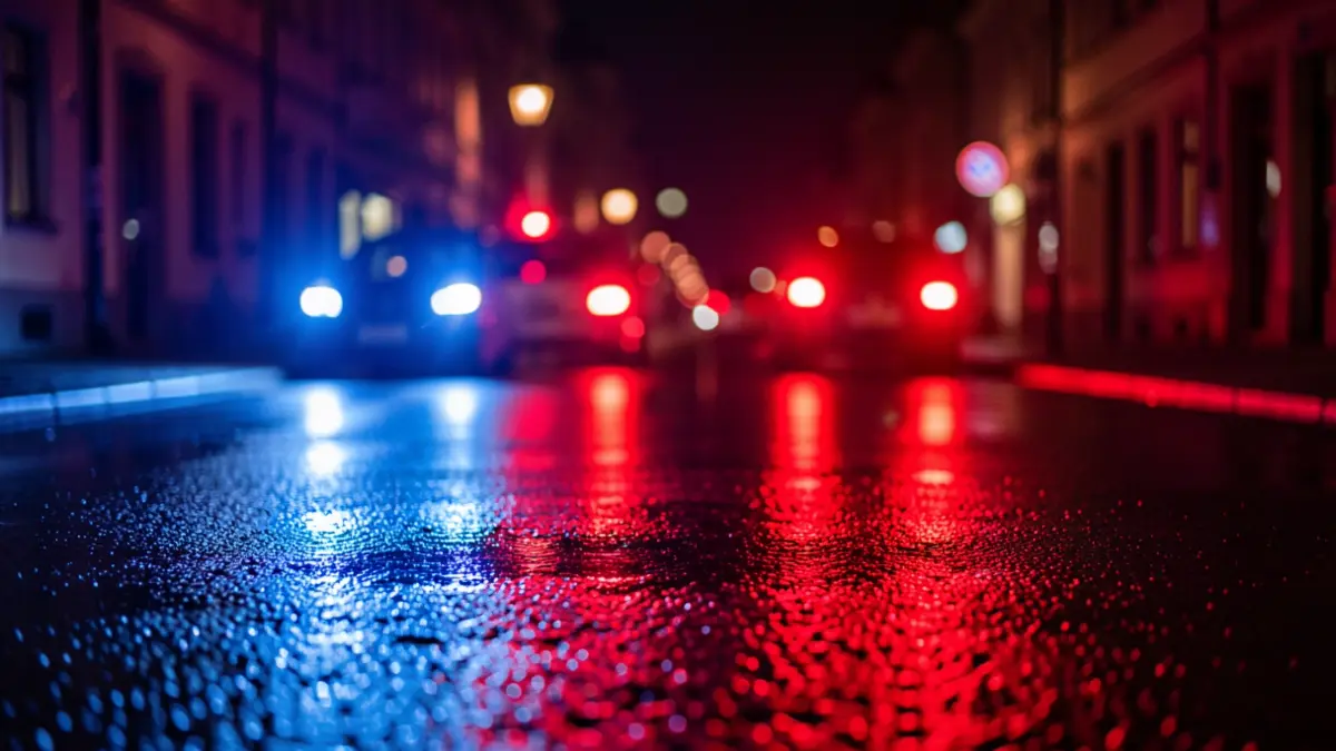 Generic image of police emergency lights reflecting on asphalt at night.