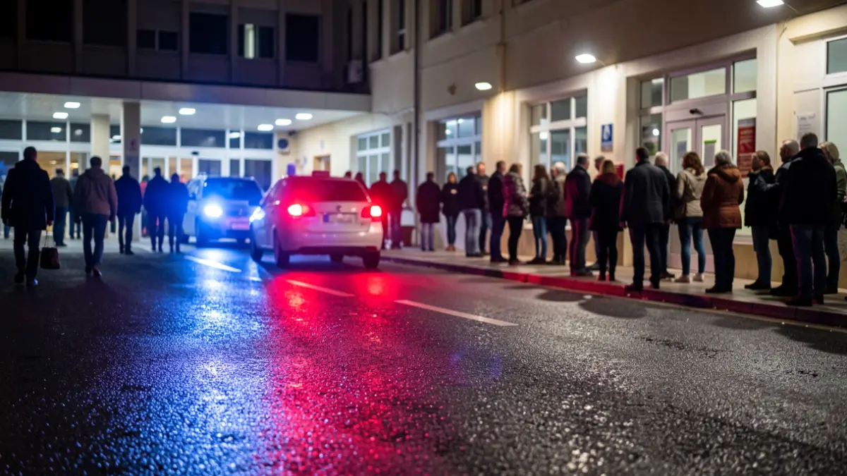 Generic image of police emergency lights reflecting on wet asphalt at night.