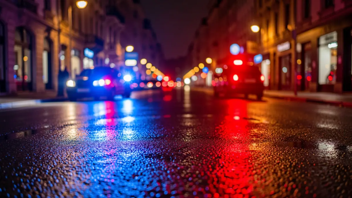 Generic image of police emergency lights reflecting on wet asphalt at night.
