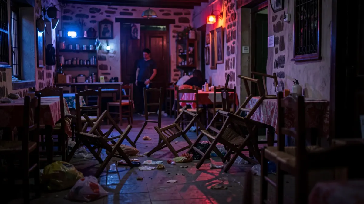 Generic image of a disordered guachinche interior with emergency lights.