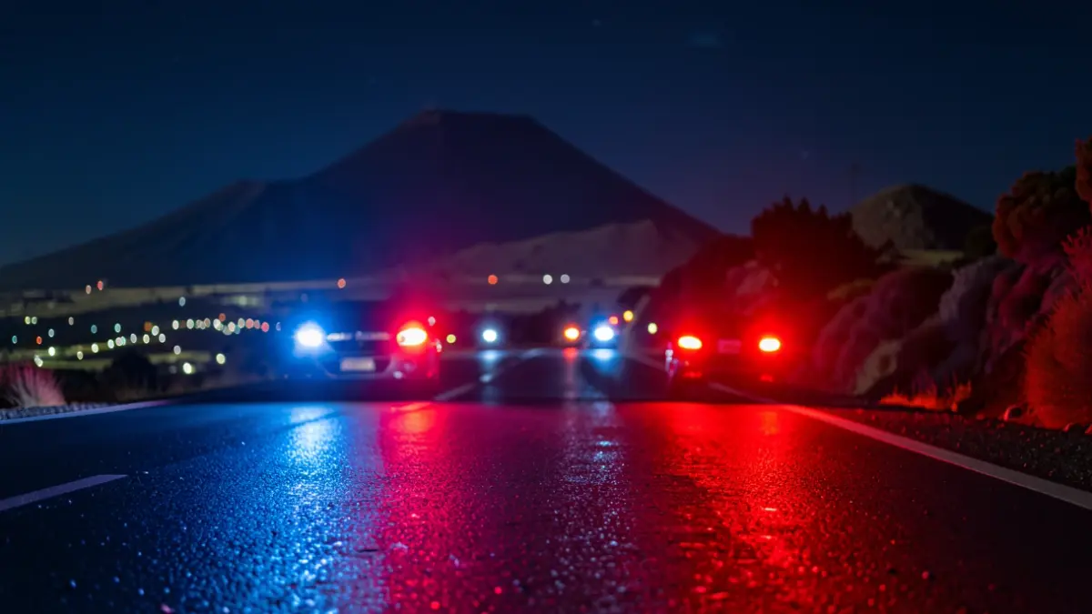 Imagen genérica de luces de emergencia policiales reflejándose en el asfalto mojado por la noche.