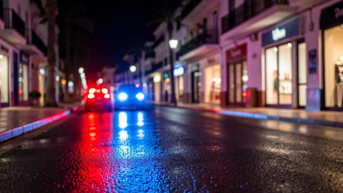 Imagen genérica de luces de emergencia policiales reflejándose en el asfalto mojado por la noche.