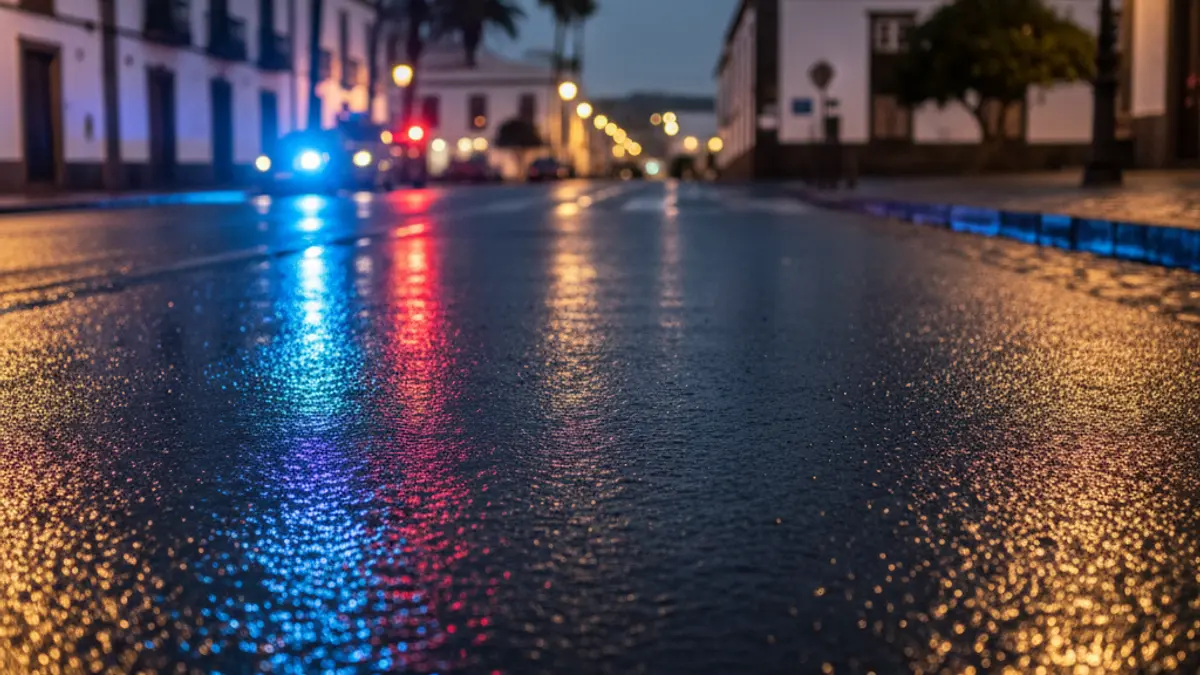 Generic image of emergency lights reflecting on wet asphalt at night.
