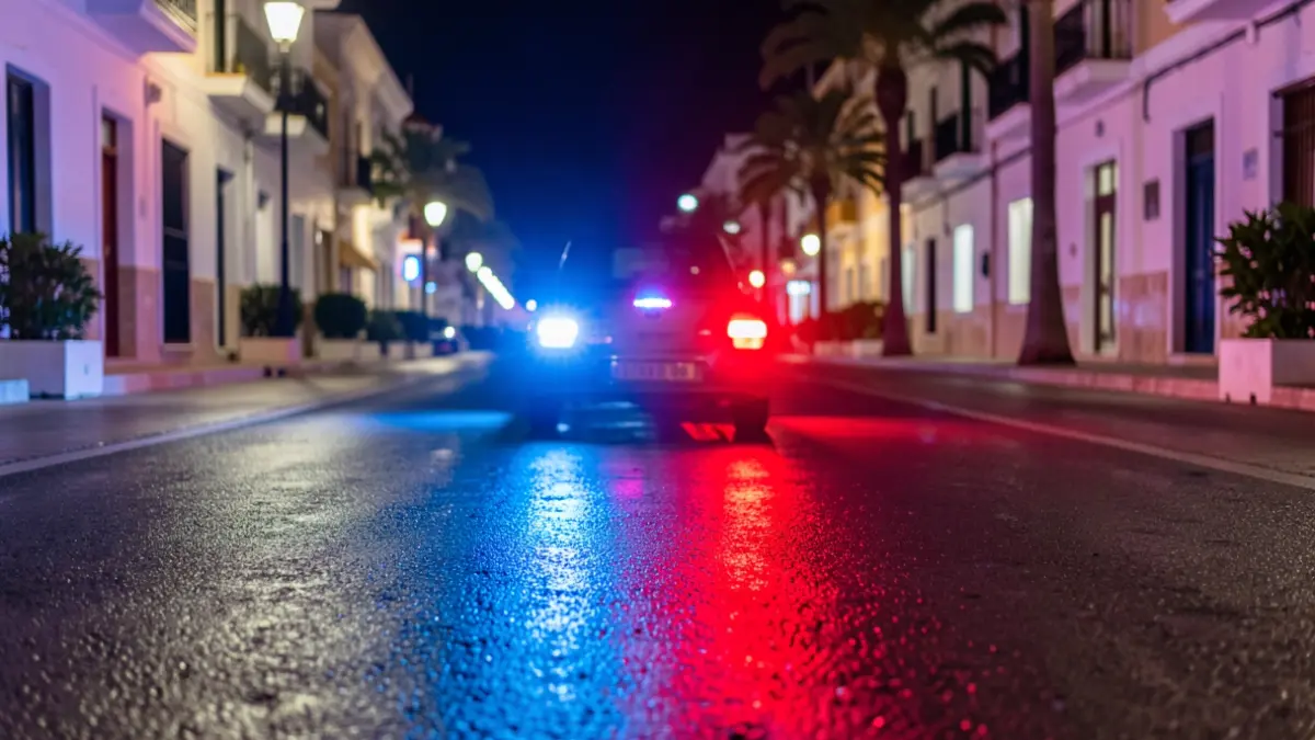 Generic image of police emergency lights reflected on asphalt.