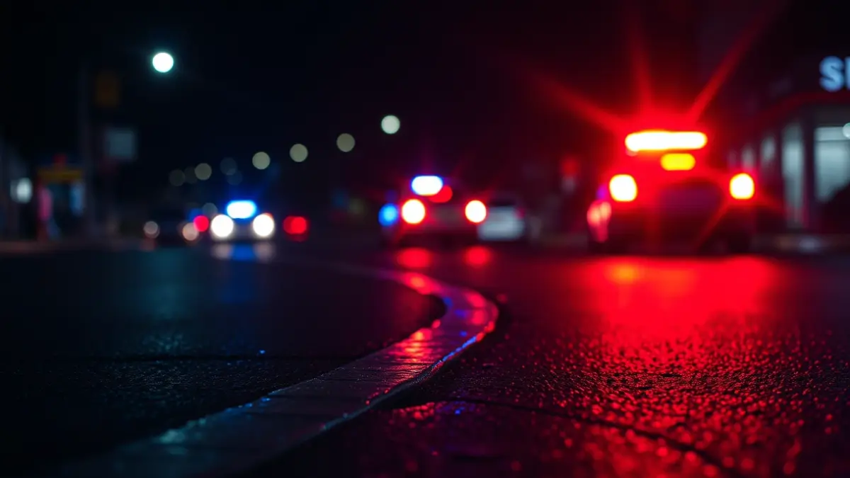 Generic image of police emergency lights reflecting on wet asphalt at night.