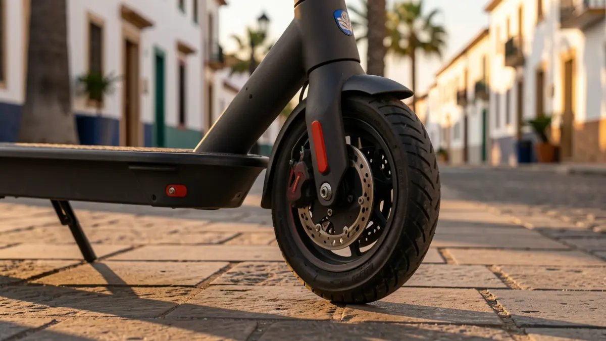 Close-up of an electric scooter wheel parked on a sidewalk in Las Palmas de Gran Canaria with Canarian architecture in the background.
