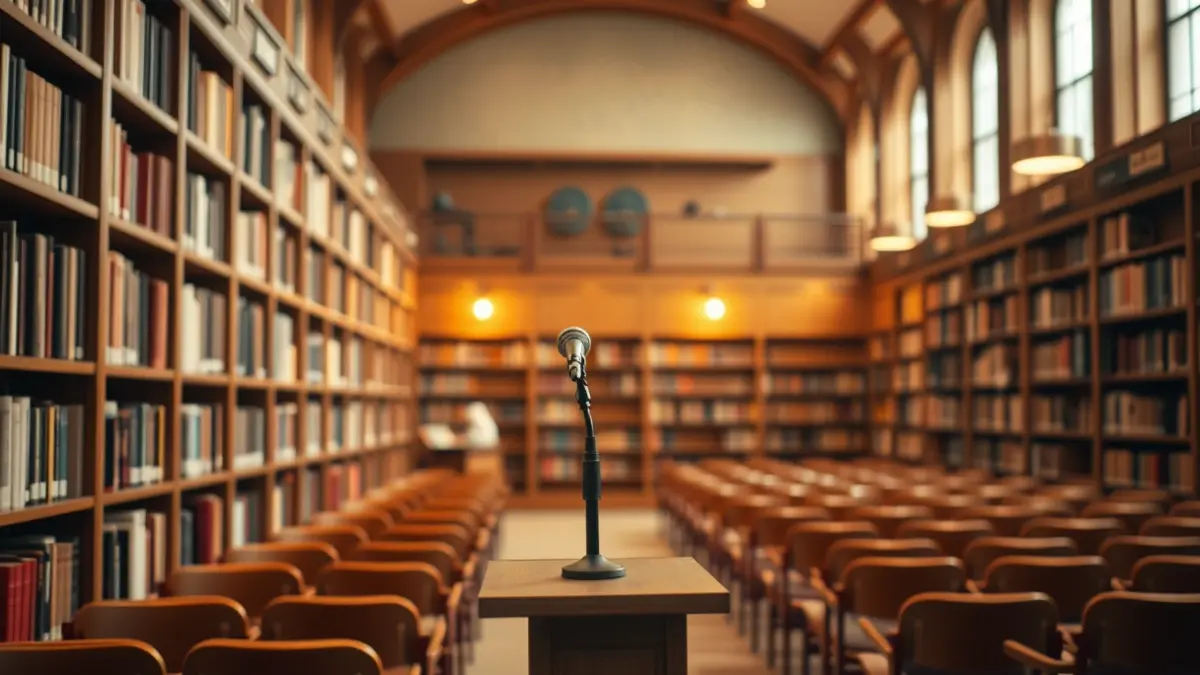 Generic image of a microphone on a podium in a library setting, symbolizing a dialogue or book presentation.