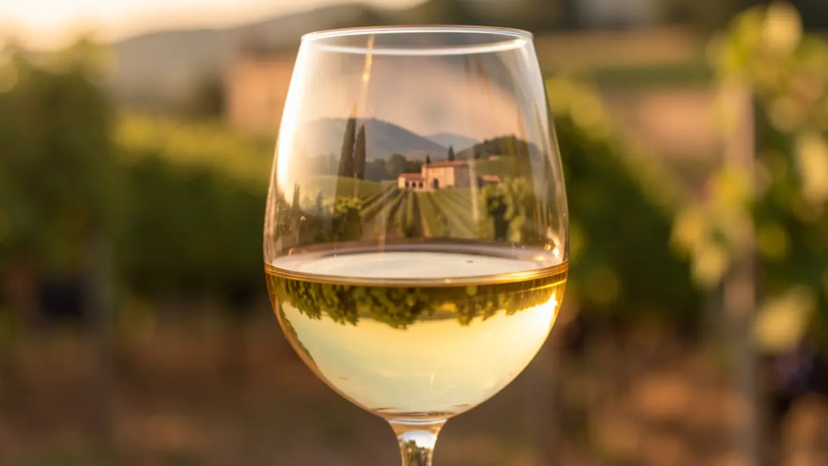 Primer plano de una copa de vino con líquido dorado, reflejando paisajes de viñedos al fondo.