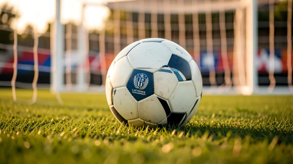 Generic image of a soccer ball on grass with the goal net out of focus.
