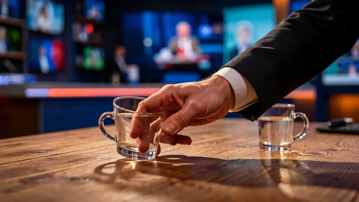 Imagen de una mano golpeando una mesa en un plató de televisión.