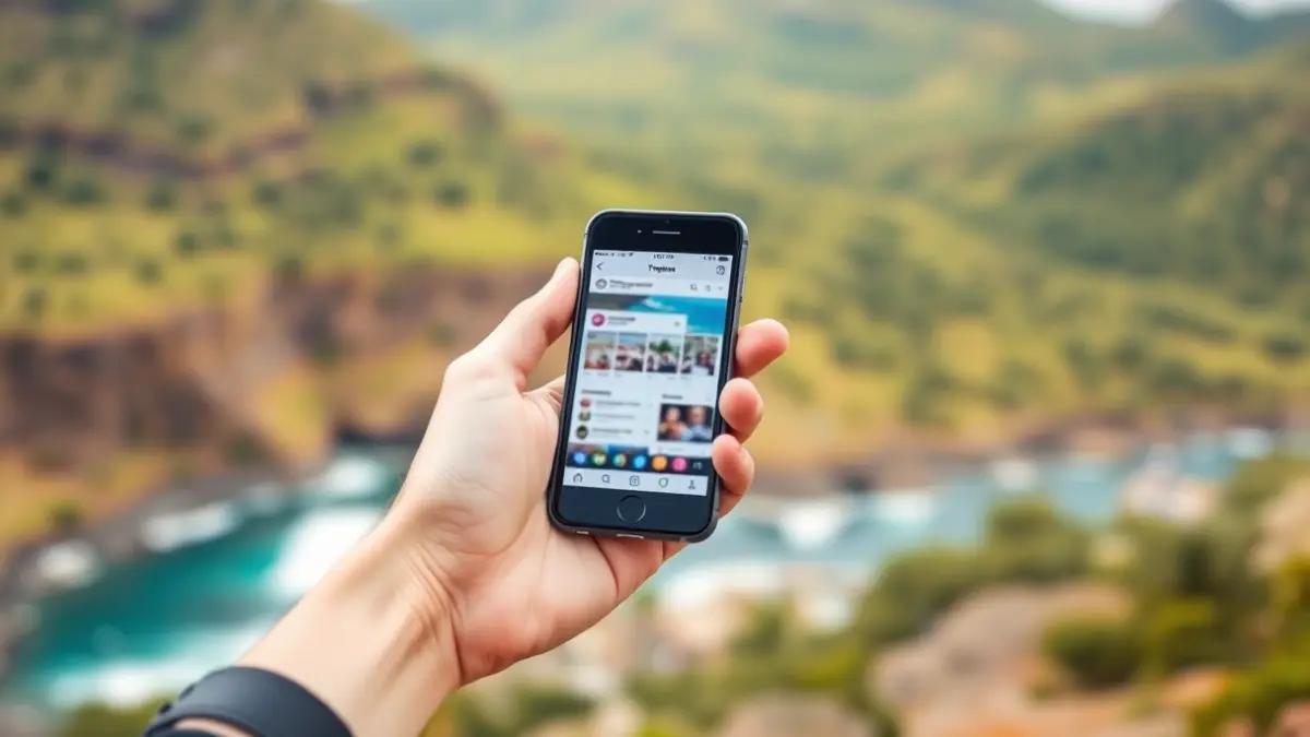 Imagen genérica de un teléfono móvil mostrando contenido de redes sociales con un paisaje natural de fondo.