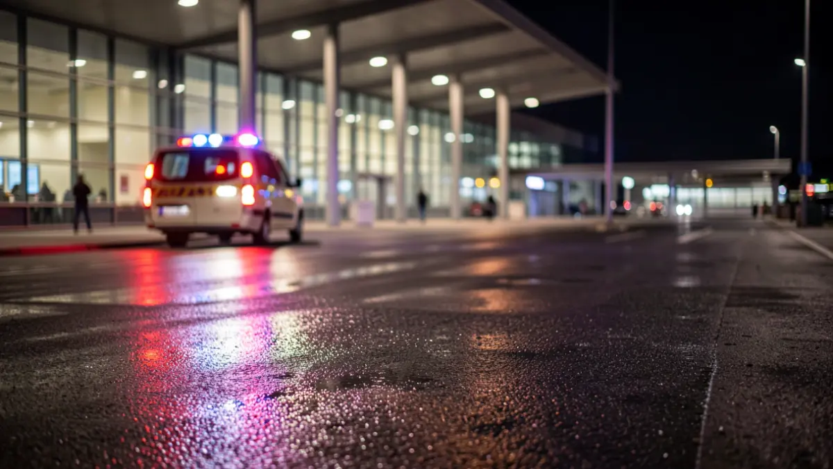 Imagen genérica de luces de ambulancia reflejándose en asfalto mojado por la noche.