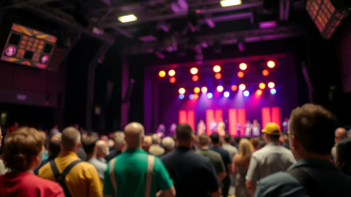 Backstage image of a theatrical event with stage lights and technical crew.