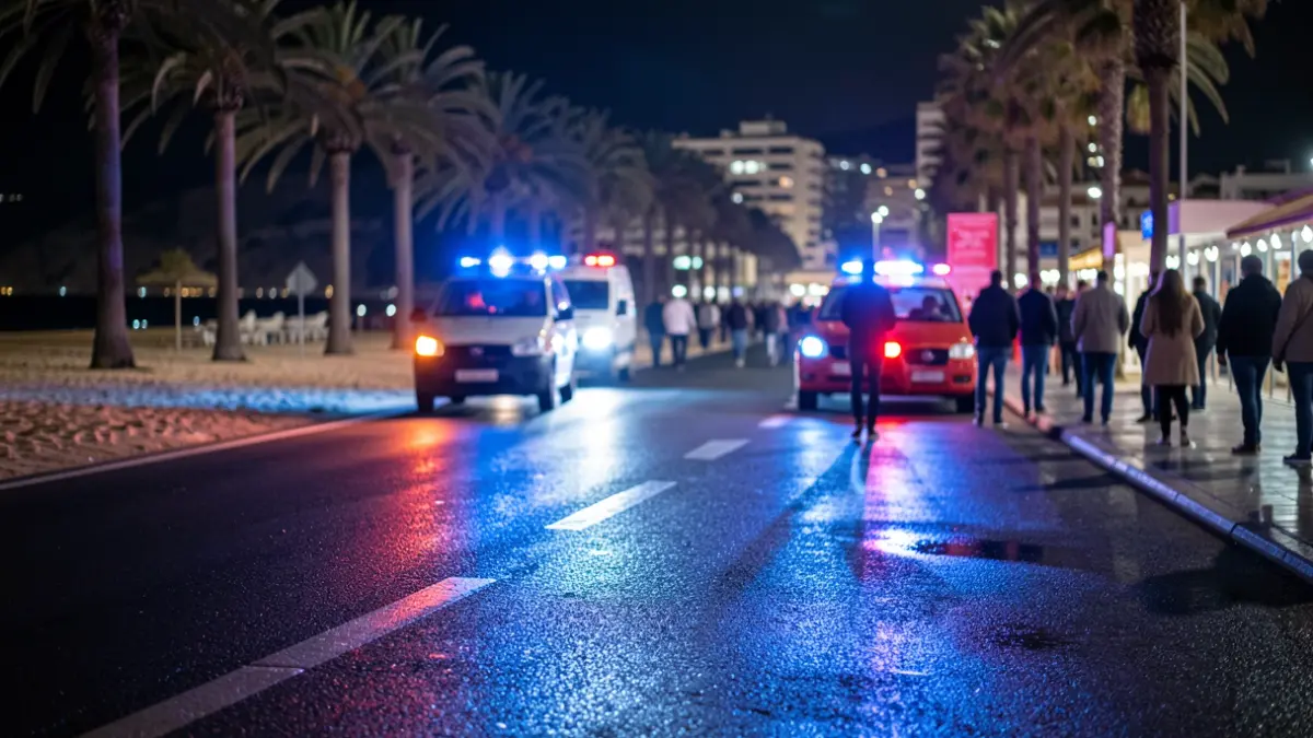 Imagen genérica de luces de emergencia en asfalto mojado por la noche.