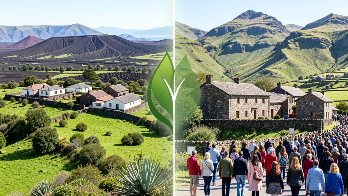 Imagen dividida mostrando el paisaje volcánico de La Gomera y el paisaje montañoso de Somiedo, unidos por un elemento educativo.