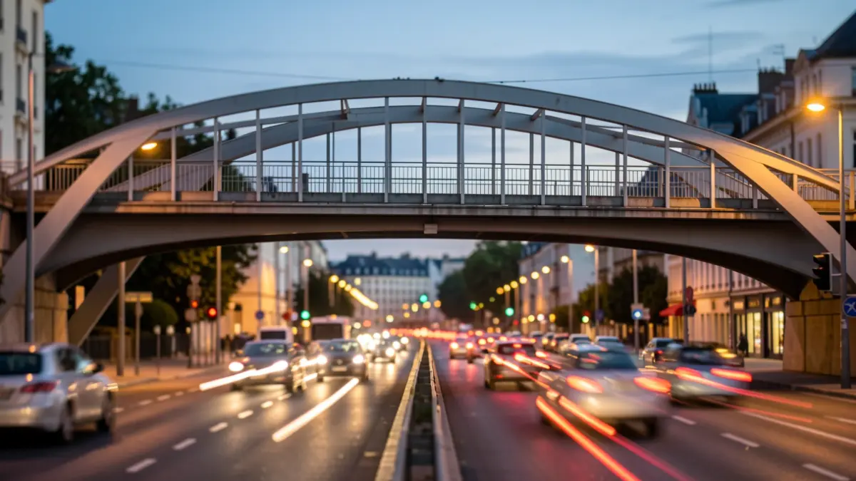 Imagen genérica de una pasarela peatonal sobre una carretera concurrida al atardecer.
